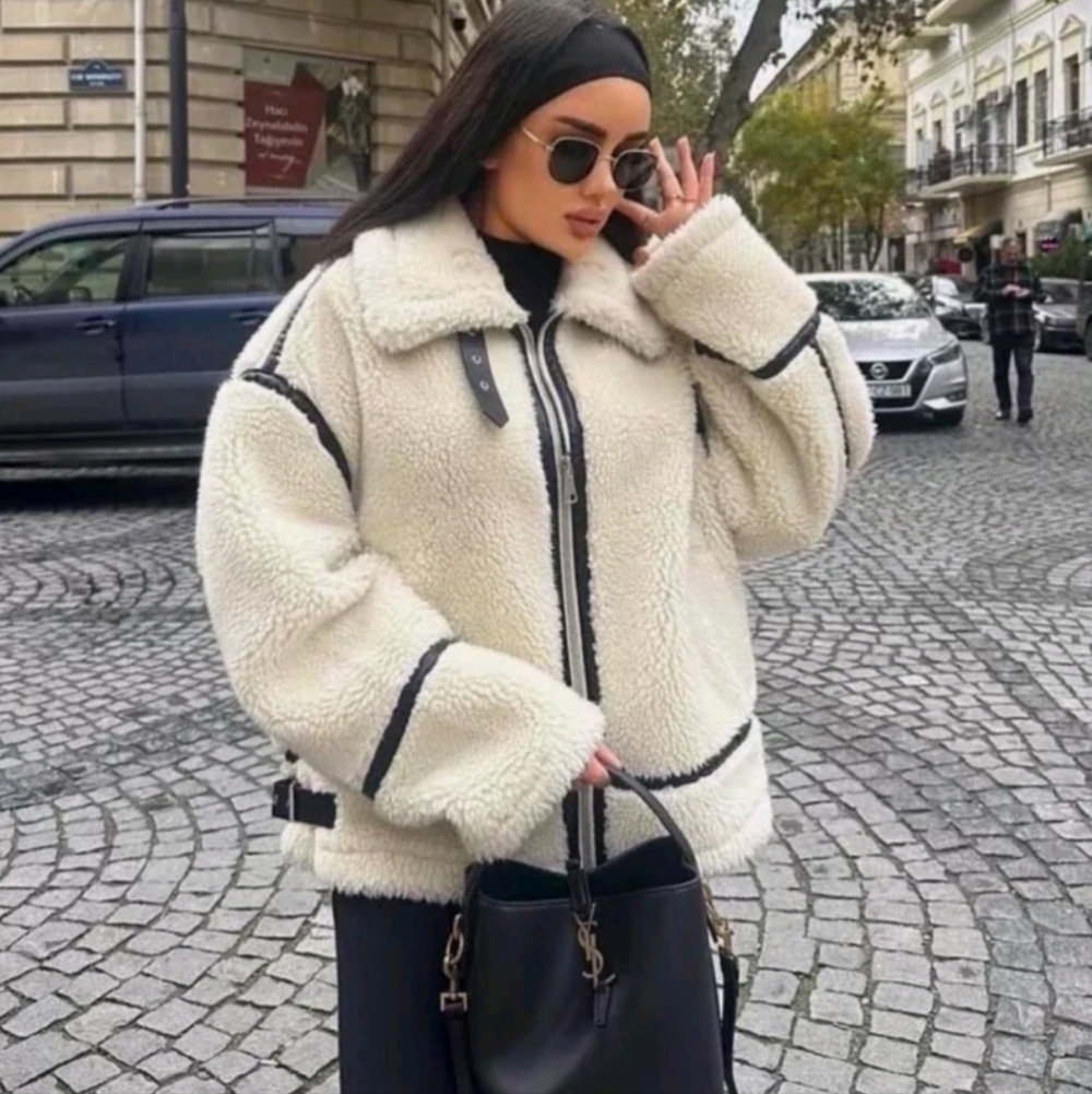 ZARA FAUX SHEARLING BIKER JACKET ZW COLLECTION ECRU (M) Retail $200 EUC-naked